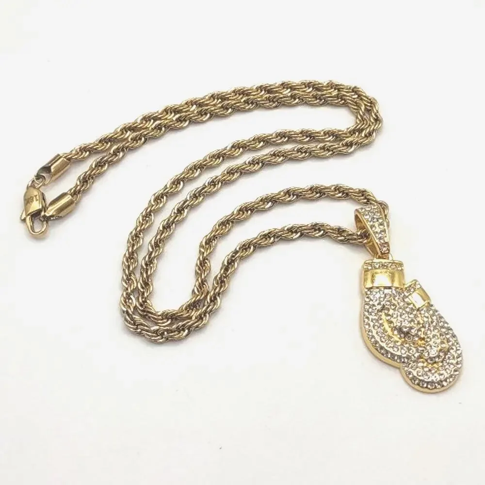 18k Plated Golden Gloves Necklace Diamond Cut Twist Chain Iced Out Birthday NEW!